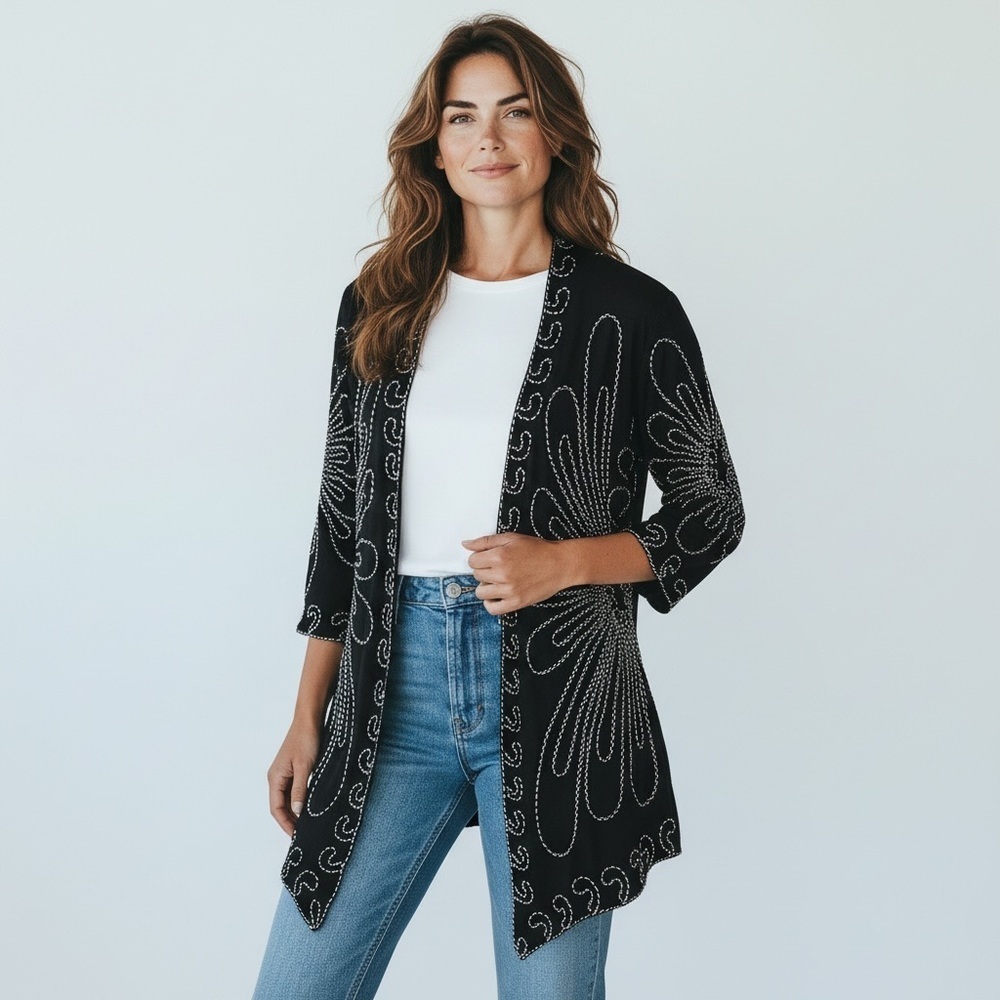 Once Again black/white detailed cardigan,. Size M Excellent condition.